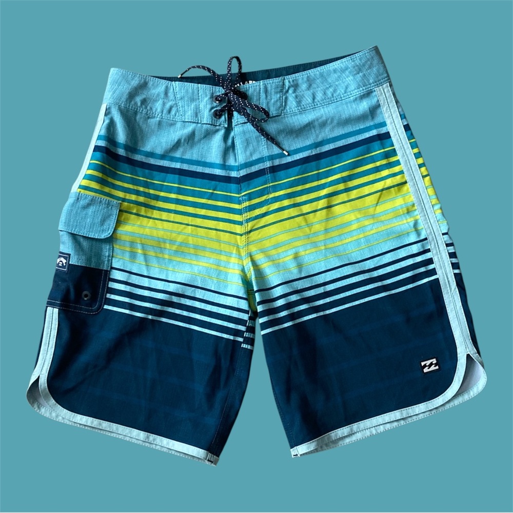 Billabong Recycler 73 Pro Men’s 18” Board Shorts Size 28 Blue & Yellow NWOT